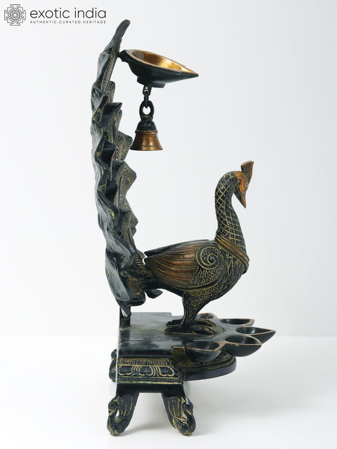 14" Superfine Peacock Six Wicks Oil Lamp with Bell in Brass | Handmade | Made in India
