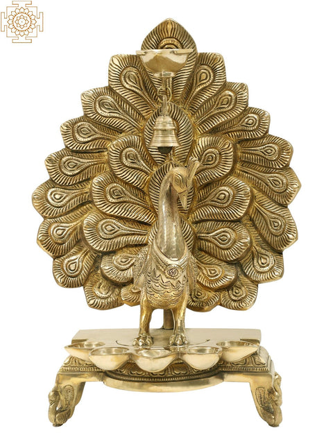 14" Superfine Peacock Six Wicks Oil Lamp with Bell in Brass | Handmade | Made in India