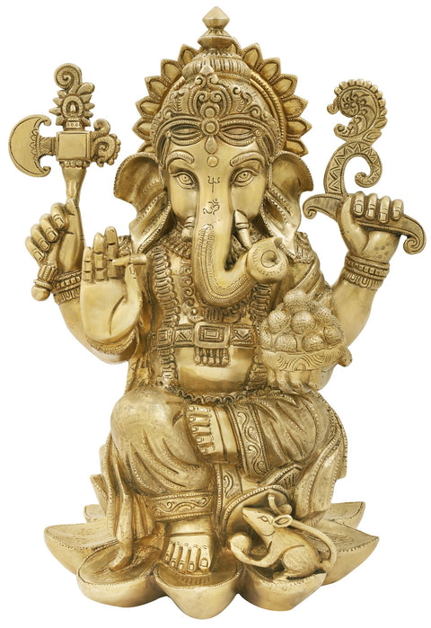 16" Lotus Enthroned Ganesha in His Innocent Avatar | Handmade Ganesha Brass Statue