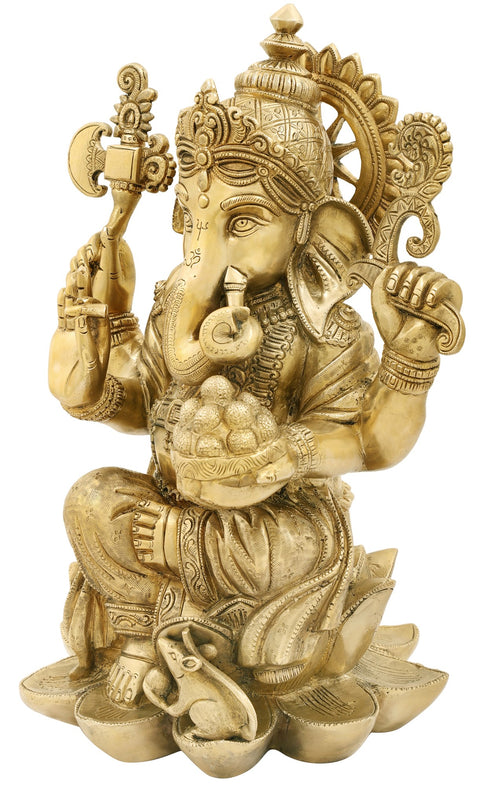 16" Lotus Enthroned Ganesha in His Innocent Avatar | Handmade Ganesha Brass Statue