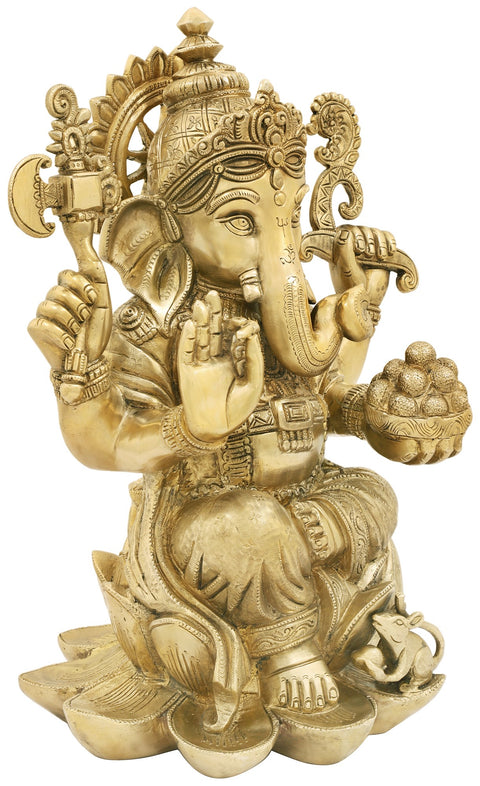 16" Lotus Enthroned Ganesha in His Innocent Avatar | Handmade Ganesha Brass Statue