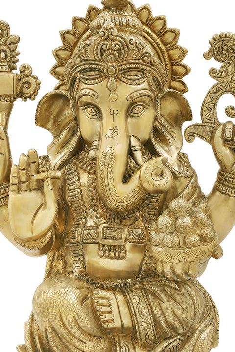 16" Lotus Enthroned Ganesha in His Innocent Avatar | Handmade Ganesha Brass Statue