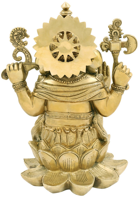 16" Lotus Enthroned Ganesha in His Innocent Avatar | Handmade Ganesha Brass Statue
