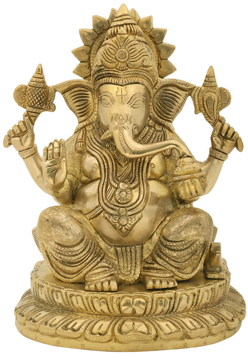 9" Handmade Ganesha Eating Modak Brass Statue