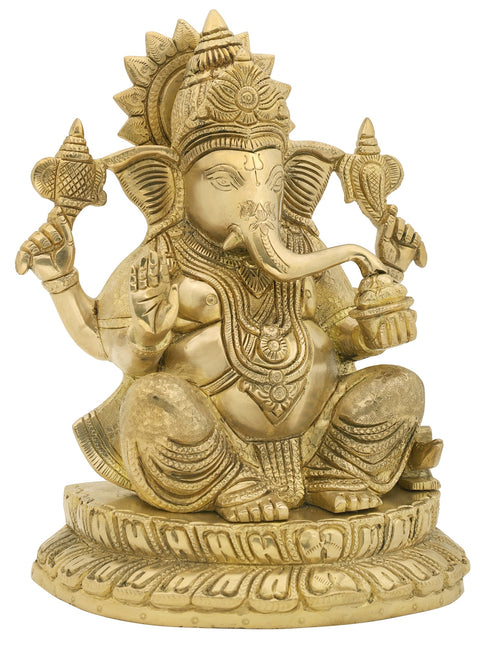9" Lord Ganesha in Abhaya Mudra while Eating Modak In Brass | Handmade | Made In India