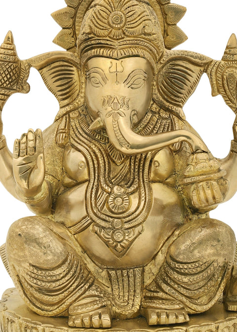 9" Lord Ganesha in Abhaya Mudra while Eating Modak In Brass | Handmade | Made In India