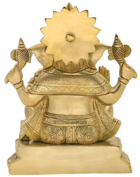 9" Lord Ganesha in Abhaya Mudra while Eating Modak In Brass | Handmade | Made In India