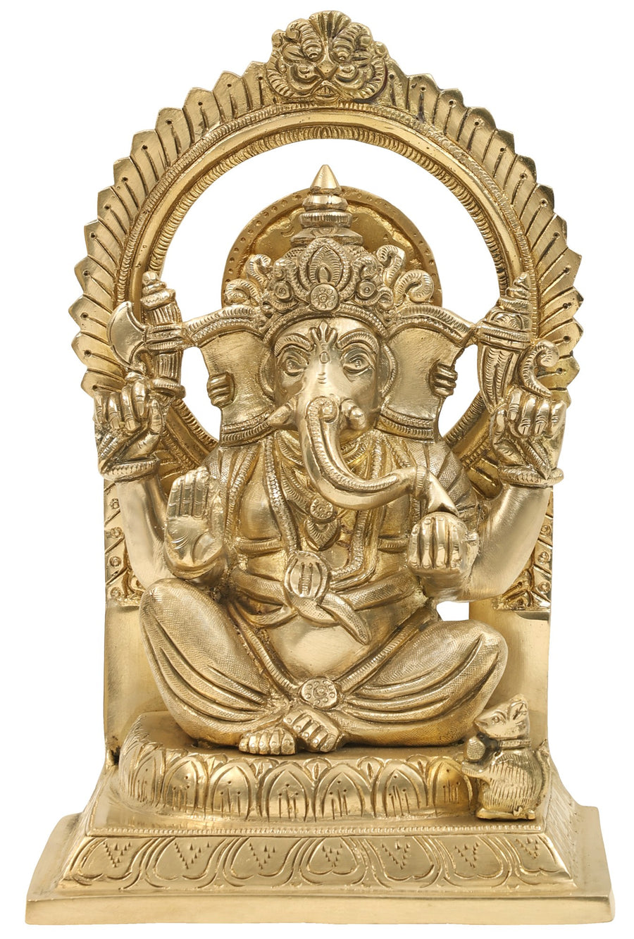 9" Handmade Lord Ganesha Abhaya Mudra Brass Statue on Kirtimukha Throne