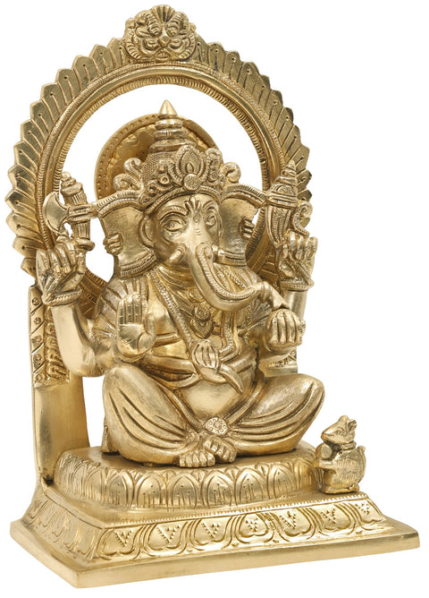9" Lord Ganesha in Abhaya Mudra On Kirtimukha Throne In Brass | Handmade | Made In India