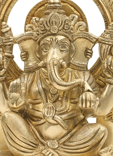 9" Lord Ganesha in Abhaya Mudra On Kirtimukha Throne In Brass | Handmade | Made In India