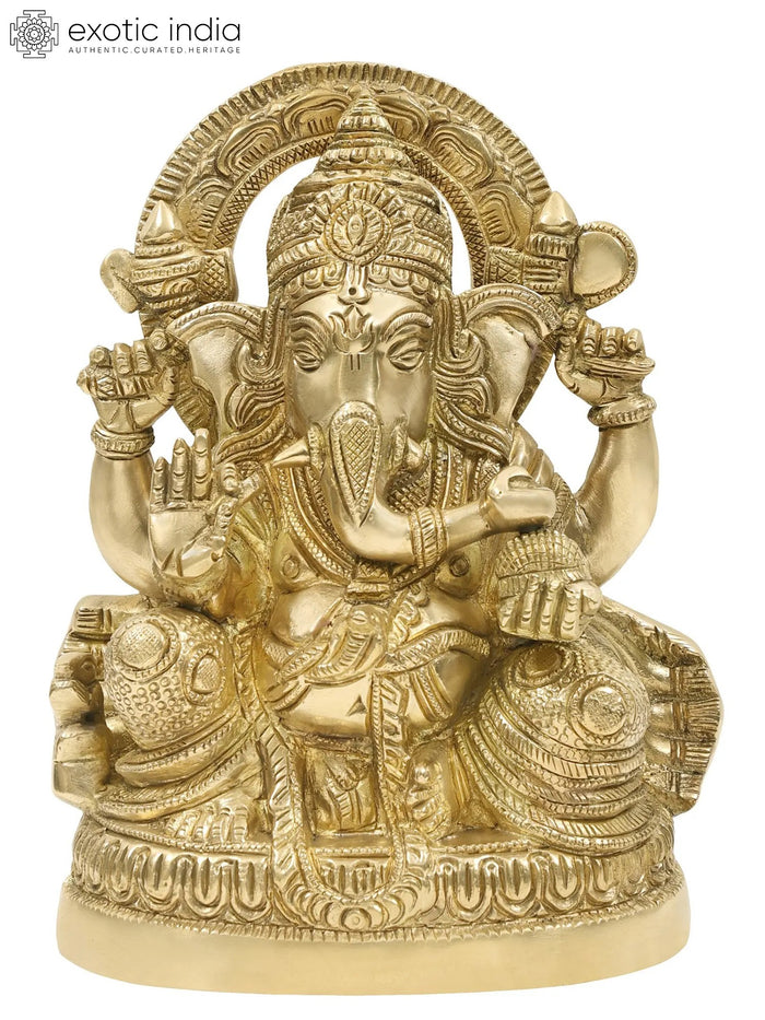 8" Handmade Ganesha Brass Statue with Jewelled Dhoti