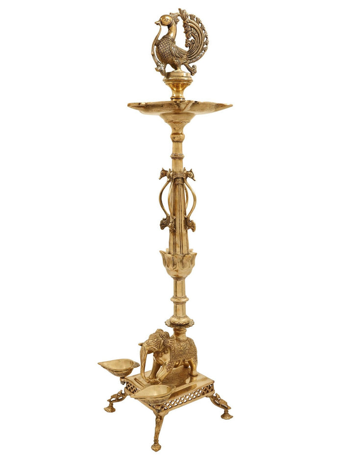 37" Peacock Brass Lamp on Elephant Back Handmade Ritual Statue