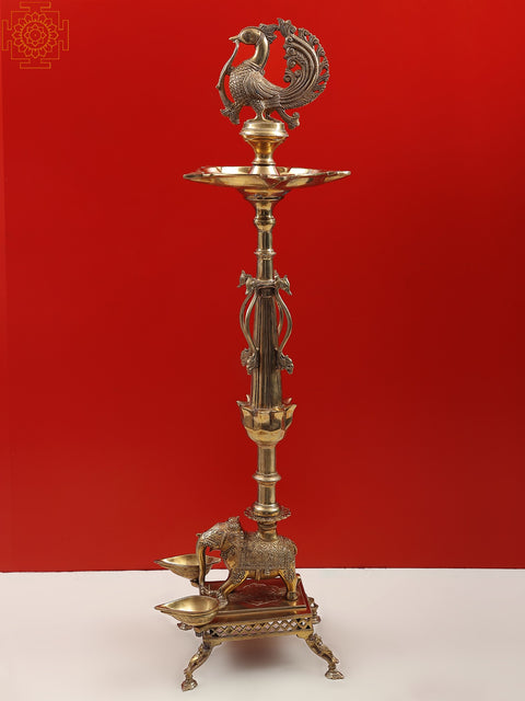 37" Superfine Ritual Multi Wick Peacock Brass Lamp withheld on an Elephant Back
