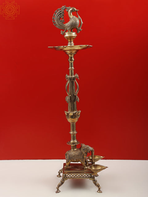 37" Superfine Ritual Multi Wick Peacock Brass Lamp withheld on an Elephant Back