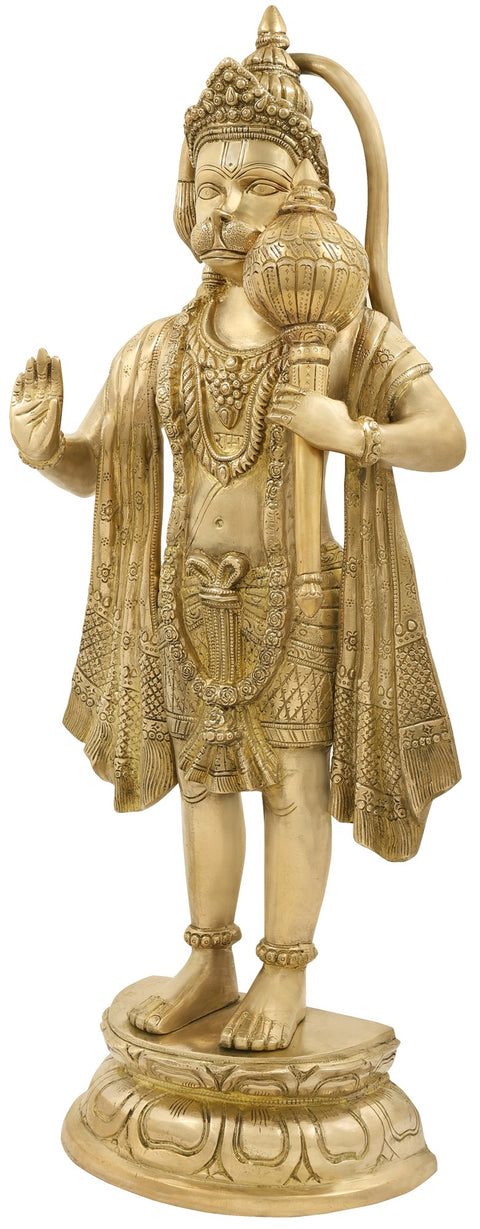 27" Superfine Standing Hanuman with The Tail in an Aureole In Brass | Handmade | Made In India