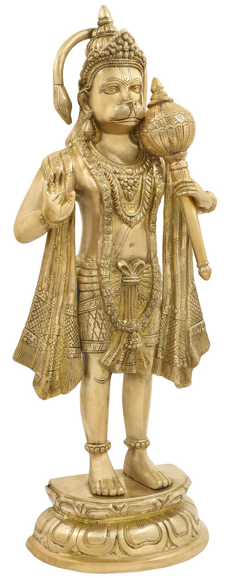 27" Superfine Standing Hanuman with The Tail in an Aureole In Brass | Handmade | Made In India