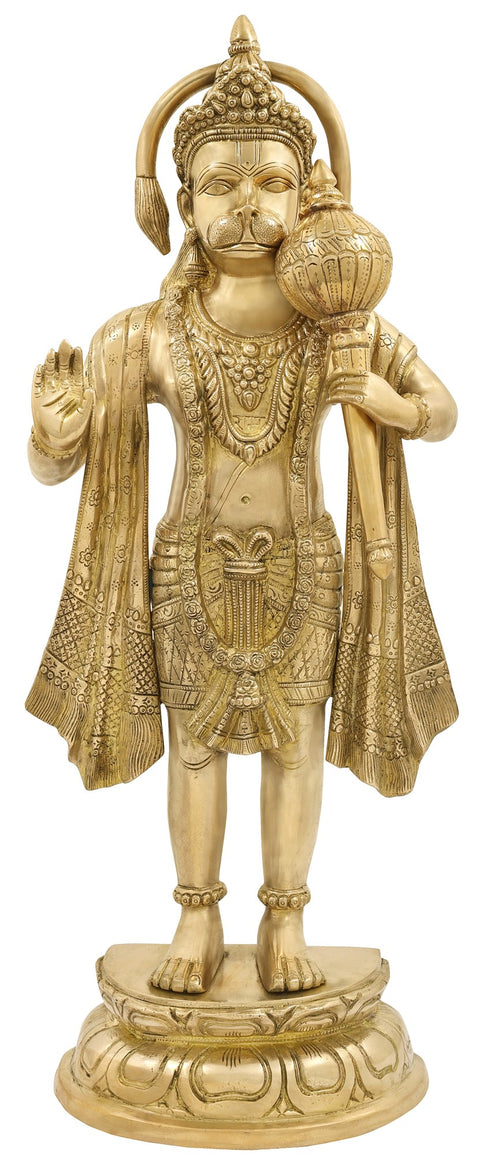 27" Superfine Standing Hanuman with The Tail in an Aureole In Brass | Handmade | Made In India