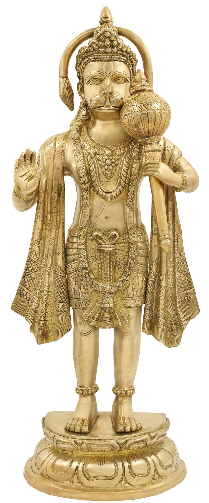 27" Handmade Standing Hanuman Brass Statue with Tail in Aureole
