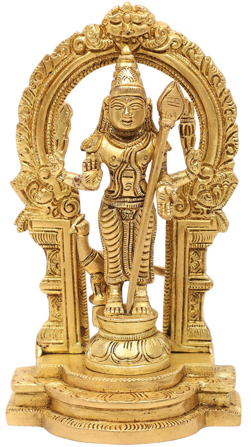 6" Lord Karttikeya Brass Statue on Kirtimukha Prabhawali Throne