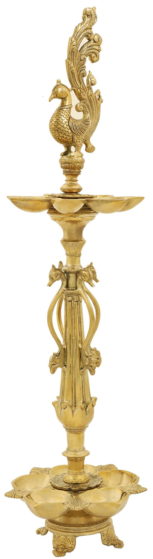 29" Handmade Brass Peacock Multi-Wick Oil Lamp for Home Decor