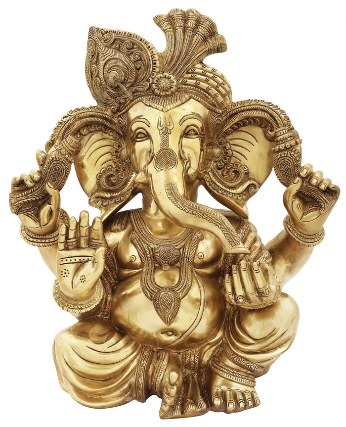 18" Seated Turbaned Ganesha Brass Idol Handcrafted