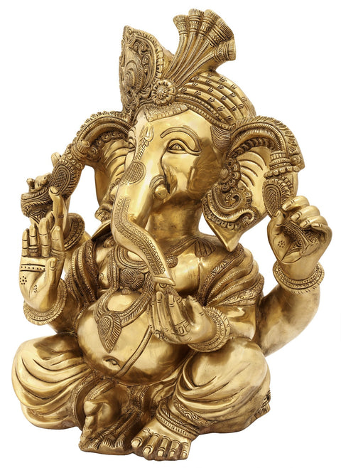 18" Seated Turbaned Lord Ganesha In Brass | Indian Handcrafted Idol