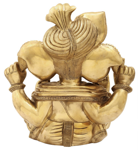 18" Seated Turbaned Lord Ganesha In Brass | Indian Handcrafted Idol
