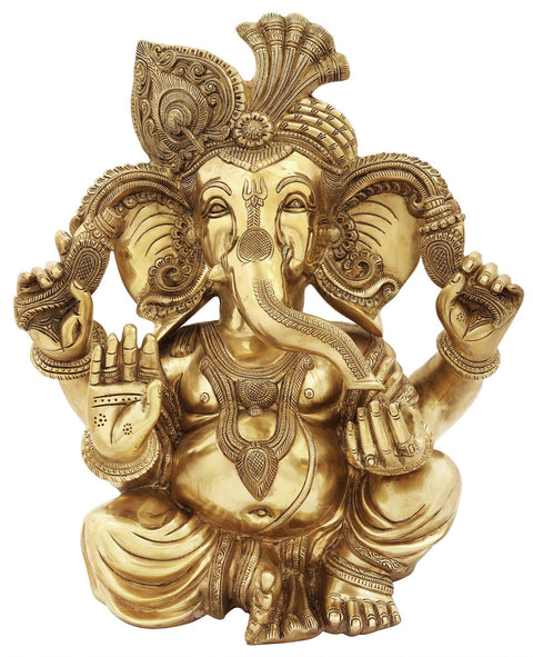 18" Seated Turbaned Lord Ganesha In Brass | Indian Handcrafted Idol