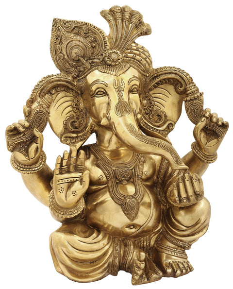 18" Seated Turbaned Lord Ganesha In Brass | Indian Handcrafted Idol