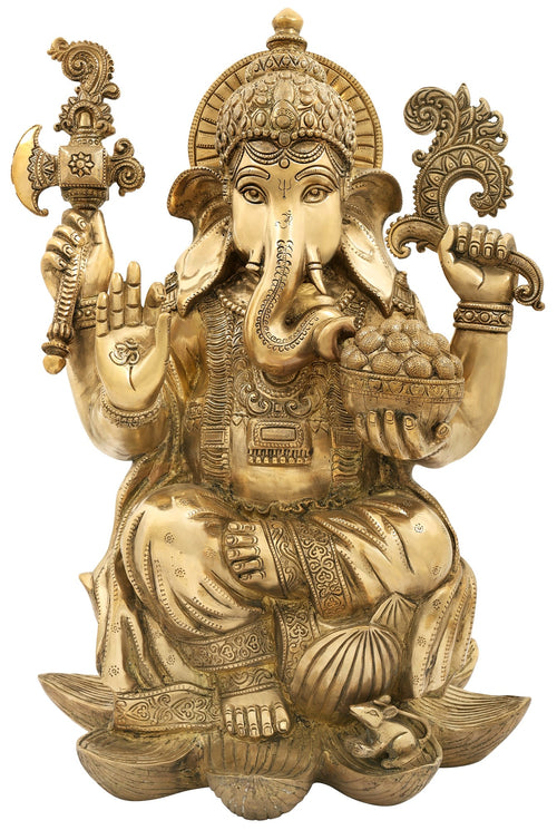 22" Handmade Lord Ganesha Brass Idol in Composed Posture
