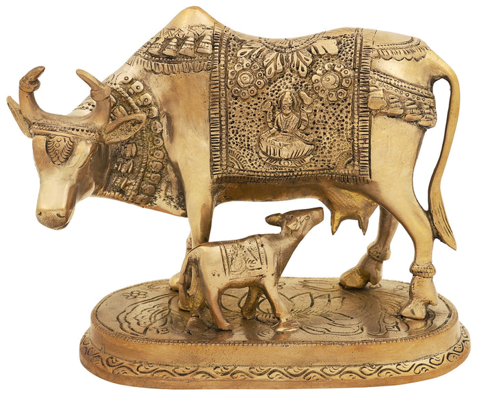 8" Handmade Brass Holy Cow with Laxmi Ganesha Statue