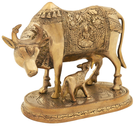 8" Dev Tulya Holy Cow with Laxmi Ganesha Postures In Brass | Handmade | Made In India