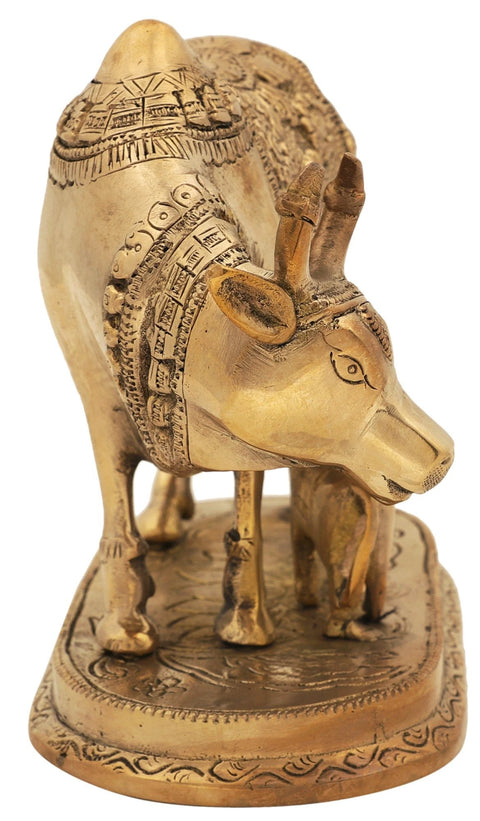 8" Dev Tulya Holy Cow with Laxmi Ganesha Postures In Brass | Handmade | Made In India