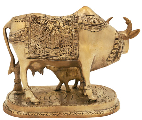8" Dev Tulya Holy Cow with Laxmi Ganesha Postures In Brass | Handmade | Made In India