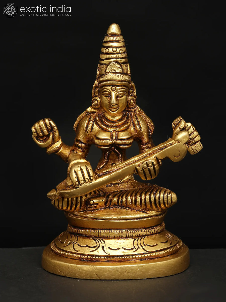 3" Brass Goddess Saraswati Handmade Statue for Pooja