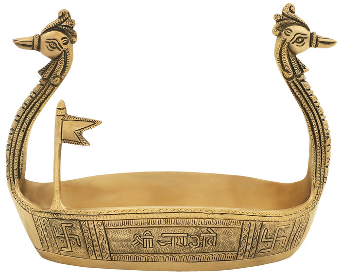 Brass Peacock Boat Statue with Jai Ambe Sacred Flag Handmade