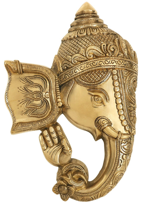 11" Blessing Ganesha Mask Wall Hanging in Brass | Handmade