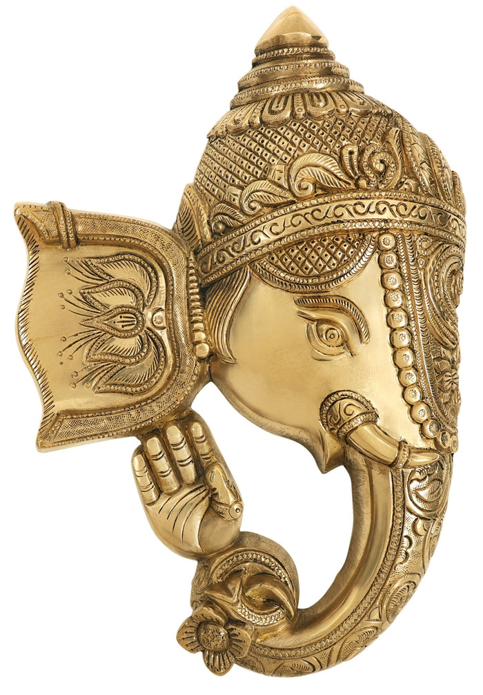 11" Handmade Blessing Ganesha Brass Mask Wall Hanging