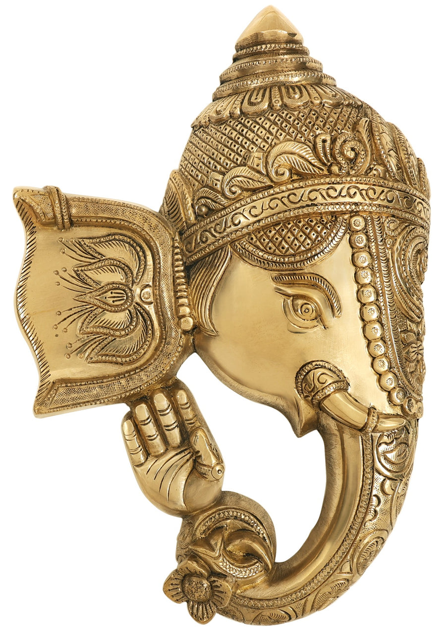 11" Handmade Blessing Ganesha Brass Mask Wall Hanging
