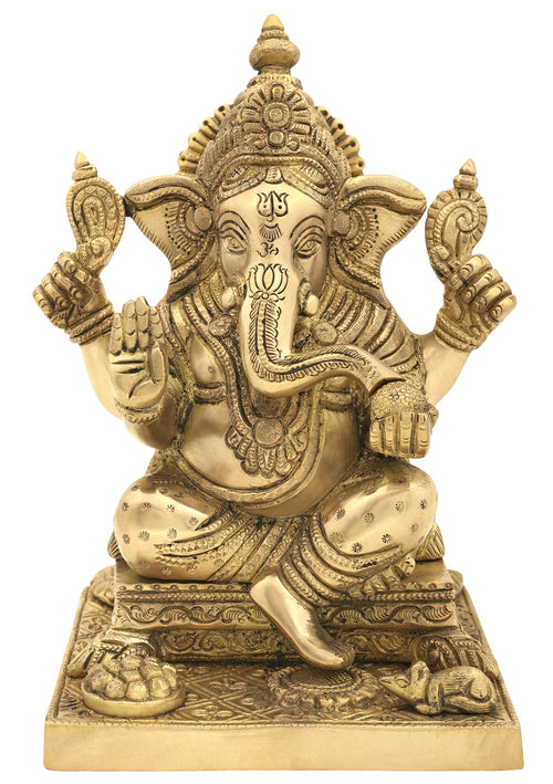 8" Handmade Brass Ganesha Eating Modak Seated Idol