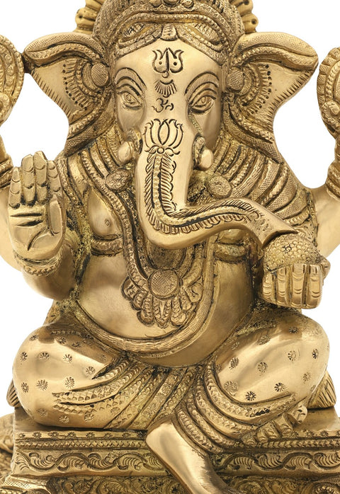 8" Modak Eating Lord Ganesha Seated on a Pedestal In Brass | Handmade | Made In India