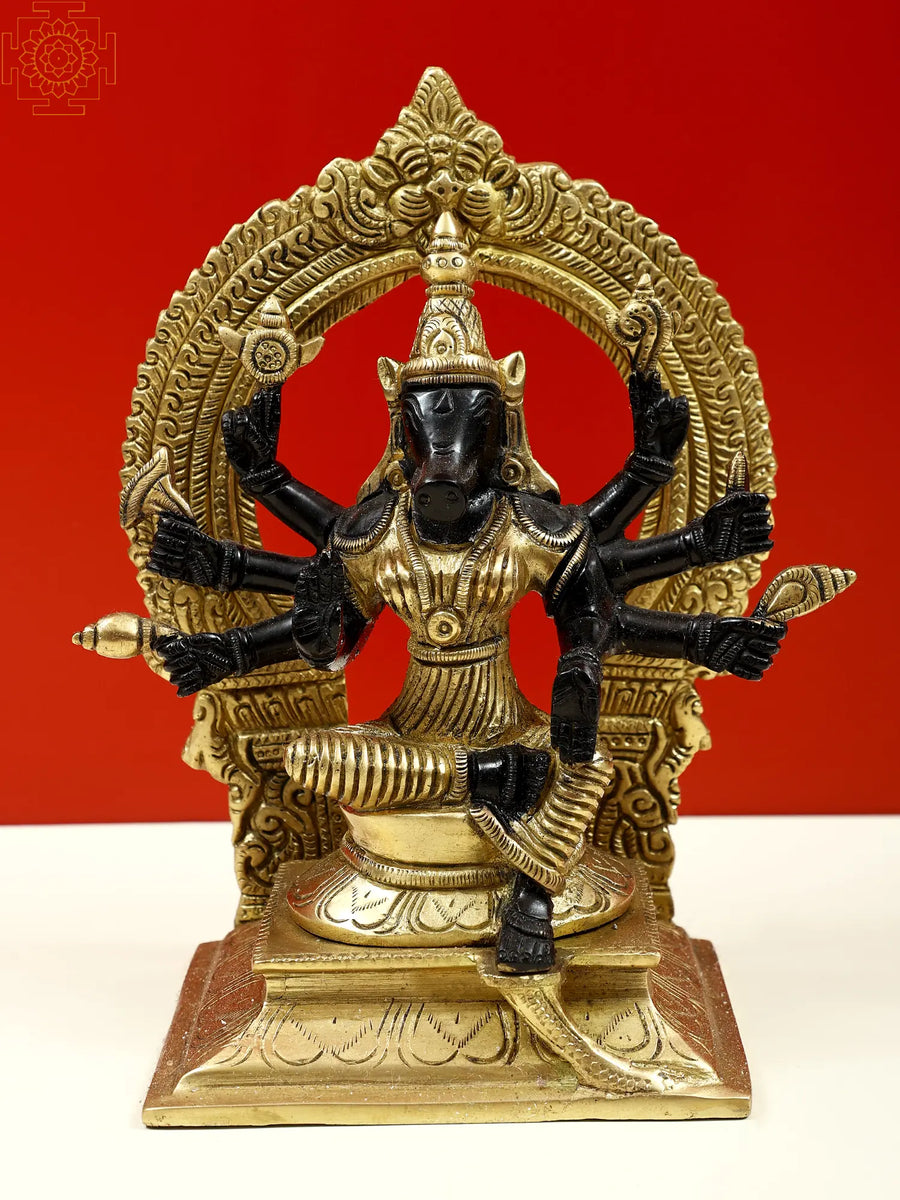 8" Eight Armed Goddess Varahi Brass Idol on Kirtimukha Throne