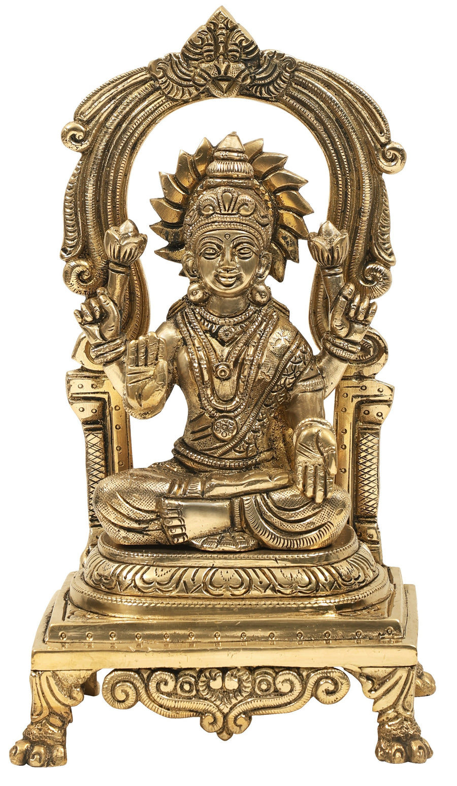 9" Goddess Lakshmi Brass Statue On Kirtimukha Throne Handmade