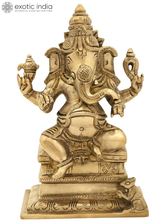 6" Handmade Lord Ganesha Seated Brass Idol with High Pedestal