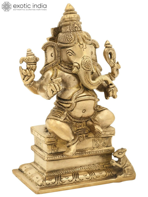 6" Lord Ganesha Seated on High Pedestal In Brass | Handmade | Made In India