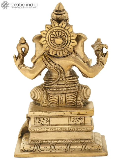 6" Lord Ganesha Seated on High Pedestal In Brass | Handmade | Made In India