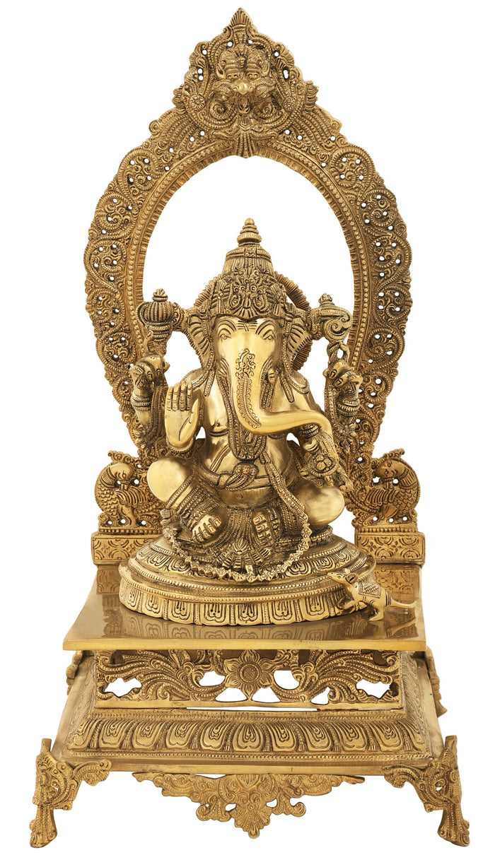 21" Handmade Ganesha Brass Idol with Traditional Prabhavali Backdrop