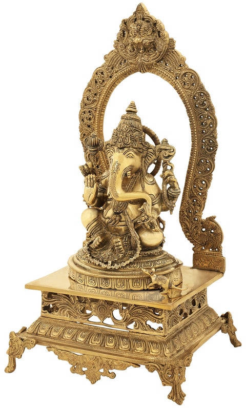 21" Lord Ganesha with a Traditional Prabhavali as the Backdrop In Brass | Handmade | Made In India