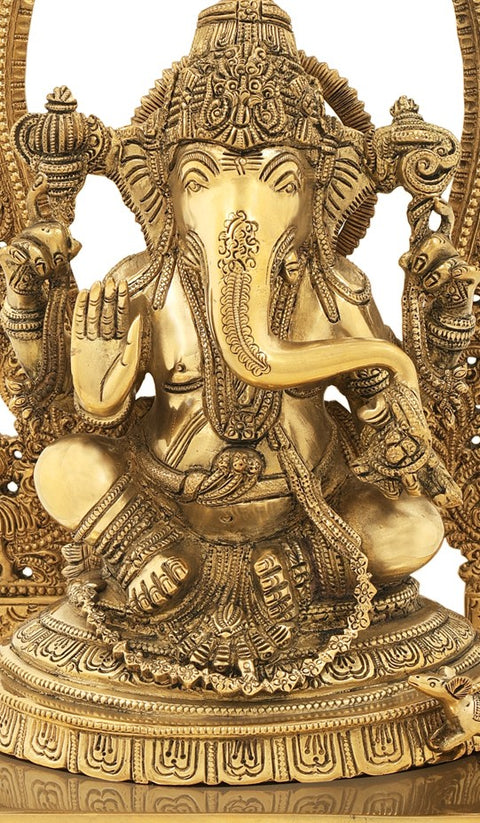 21" Lord Ganesha with a Traditional Prabhavali as the Backdrop In Brass | Handmade | Made In India