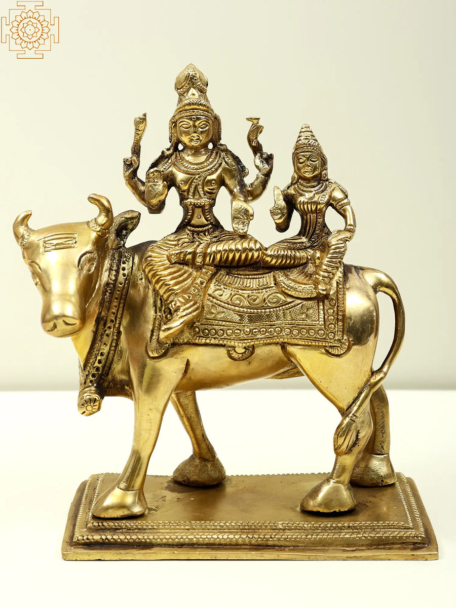 6" Brass Lord Shiva with Parvati Idol Seated on Nandi Statue